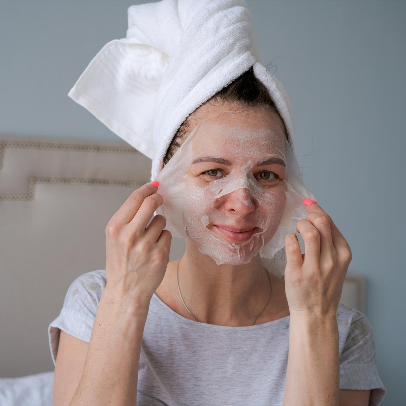 Customer using Prime Skincare Recovery Sheet Mask